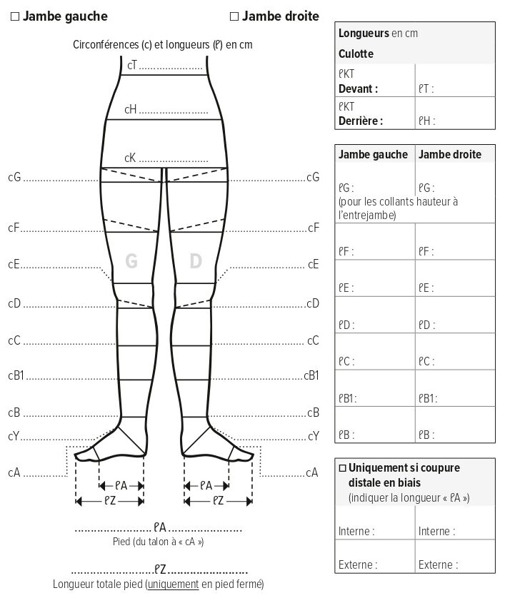 Extrait d'une fiche de prise de mesure - jambes