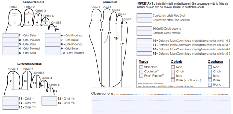 extrait fiche de mesure gant de pied